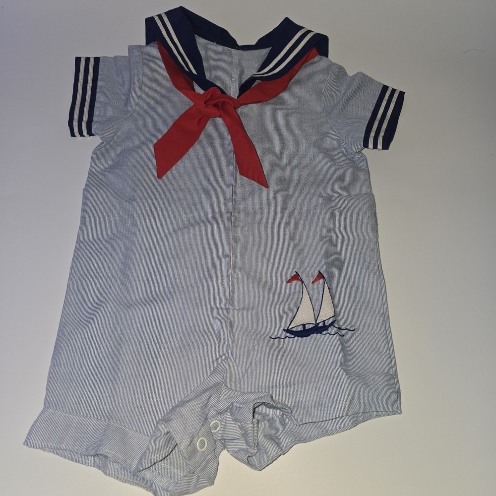 Vintage Baby Sailor Marine Boat Nautical One Piece Suit 6/9 Mos Sailboat